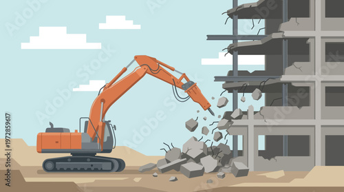 Orange Excavator with Hydraulic Breaker Demolishing Concrete Building Structure, Flat Vector Illustration for Construction and Urban Development Concepts