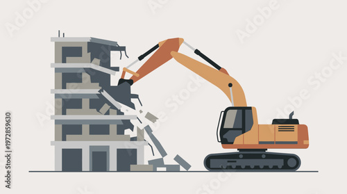 Minimalist Flat Vector Illustration of a Yellow Excavator Demolishing a Building for Urban Renewal and Construction Site Development