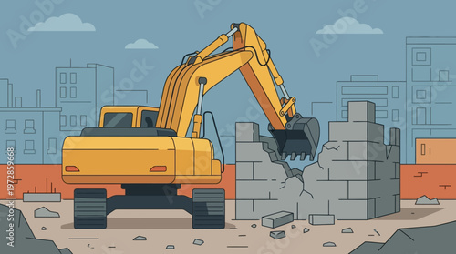 Yellow Excavator Demolishing Concrete Wall at Urban Construction Site, Flat Design Vector Illustration of Heavy Machinery for Urban Renewal and Development
