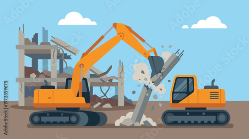 Flat Vector Illustration of Heavy Excavators Demolishing a Concrete Building on a Construction Site
