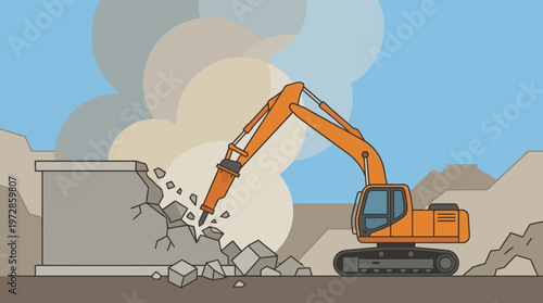 Orange Crawler Excavator with Hydraulic Breaker Attachment Demolishing Concrete Wall at Construction Site Flat Vector Illustration