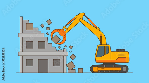 Yellow Excavator Machine Demolishing Old Building with Claw Grapple, Flat Vector Illustration of Construction Site Demolition and Urban Renewal