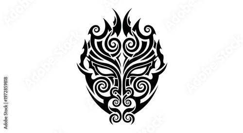 Tribal Mask Tattoo Design - Abstract Swirls and Flames Motif