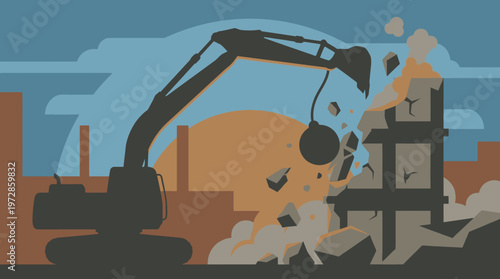Heavy Machinery Wrecking Ball Excavator Demolishing Old Building Structure, Industrial Construction Site Vector Illustration