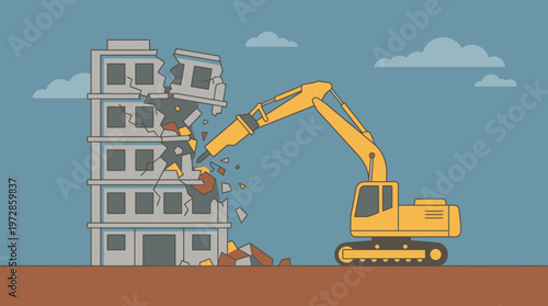 Yellow Excavator with Hydraulic Breaker Demolishing a Concrete Building Vector Illustration. Urban Demolition, Construction Site, and City Renewal Concept.