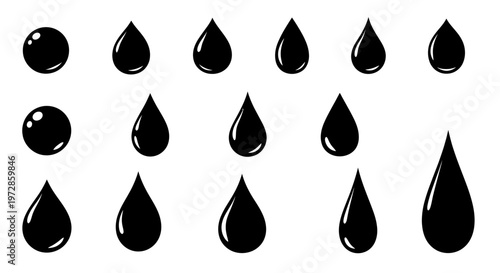 Collection of black liquid drops and spheres, symbolizing water, oil, or ink