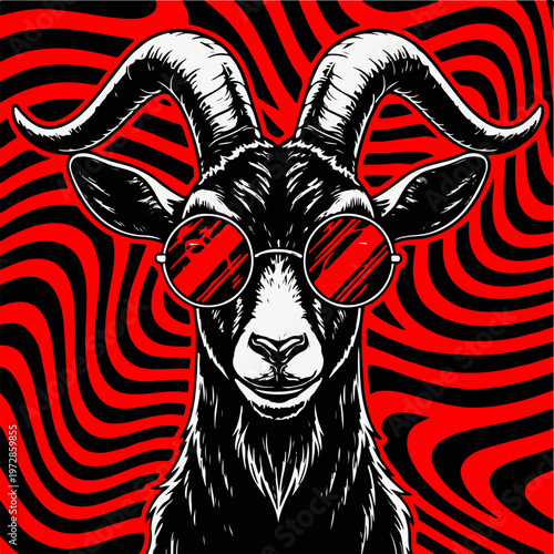 Quadro su tela Psychedelic goat head vector illustration, cool goat wearing red sunglasses, tri