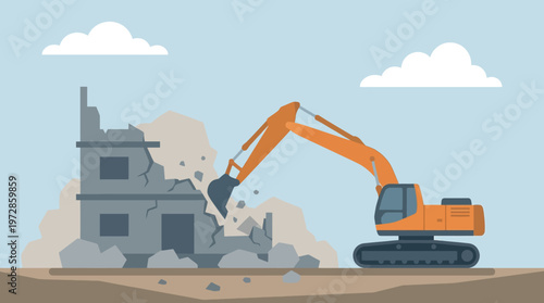 Excavator Demolishing Old Building with Debris and Clouds in Flat Vector Style - Urban Redevelopment and Construction Site Concept