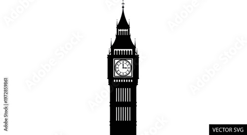 Big Ben Silhouette: London Iconic Clock Tower Landmark Vector