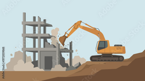 Excavator Demolishing Concrete Building Frame Vector Illustration. Heavy Machinery at Construction Site for Urban Renewal and Destruction Concept.
