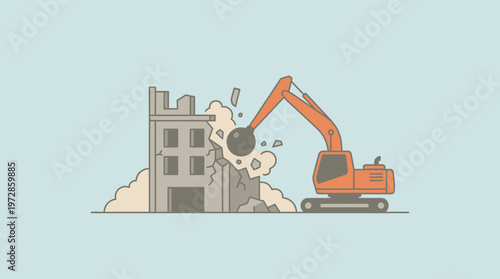 Building Demolition Illustration - Orange Excavator with Wrecking Ball Destroying Structure