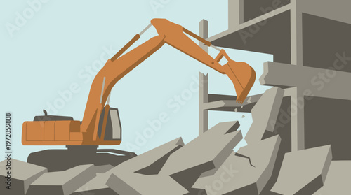 Orange Excavator Demolishing Concrete Building Structure, Heavy Machinery at Construction Demolition Site Illustration