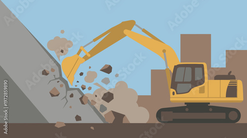 Yellow Excavator Digging at Urban Construction Site Flat Design Vector Illustration of Heavy Machinery Working on a Development Project