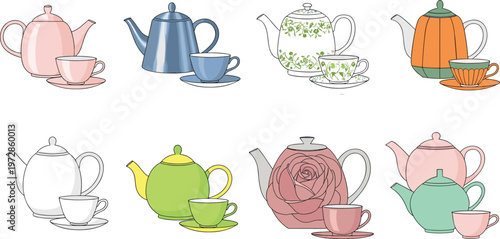 Collection of teapots and teacups in various colors and styles, elegant ceramic tea sets for kitchen, cafe, and beverage serving vector illustration design