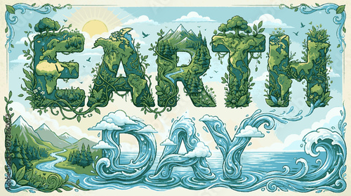 Earth day illustration with green earthy letters and water waves on a blue background with mountains