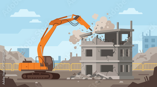 Orange Excavator with Hydraulic Breaker Demolishing a Concrete Building, Flat Vector Illustration of Construction Site Demolition and Urban Renewal