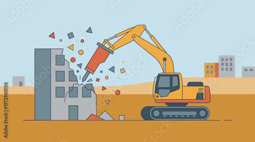 Excavator with Hydraulic Breaker Demolishing a Building Stylized Vector Illustration