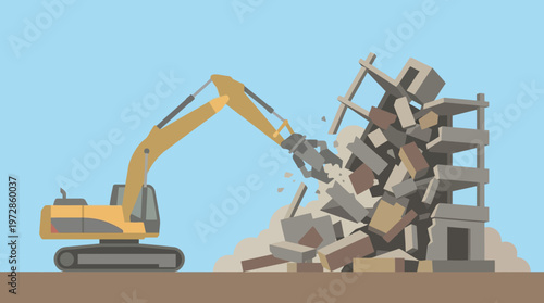 Excavator Demolishing Building Flat Vector Illustration