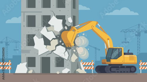 Yellow Excavator Demolishing Old Building on Construction Site for Urban Renewal; Vector Illustration of Heavy Machinery Destroying Concrete Structure in Modern City