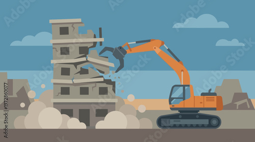 Orange Excavator Demolishing a Concrete Building Flat Illustration of Urban Renewal and Construction Site Scene