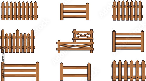 Collection of wooden fence designs including picket, rail, and farm styles, rustic outdoor barriers for garden, ranch, and countryside landscape vector illustration set