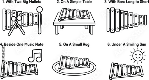 Black and white line art xylophone with mallets table music note rug and smiling sun