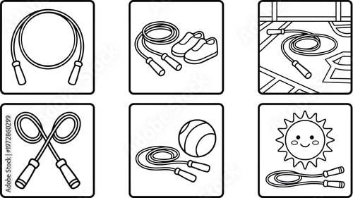 Black and white line art icons of jump ropes with sports shoes ball and smiling sun