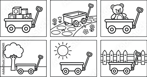 Black and white line art wagon with toys teddy bear and blocks outdoor scenes