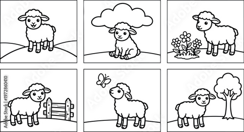 Sheep in various outdoor scenes with flowers butterfly tree and fence