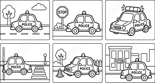 Black and white police car with siren and traffic elements in urban scenes line art