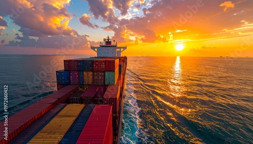 Golden hour scene of stacked colorful containers on a ship in the Strait of Hormuz, warm tones, reflective water, cinematic photography style
