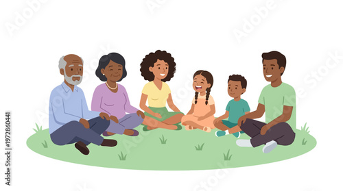 Happy Multi-generational African American Family Sitting Together in a Circle on the Grass - Flat Vector Illustration of Three Generations