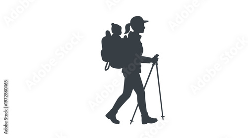 Silhouette of a woman hiking with a baby in a carrier and trekking poles, isolated on a white background. Mother and child outdoor adventure concept.