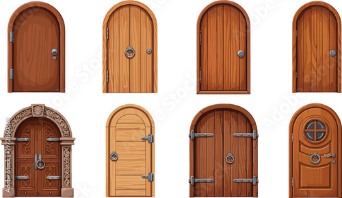 Set of arched wooden doors with vintage and rustic styles, detailed entrance designs with handles, hinges, and decorative elements for architecture and home vector illustration