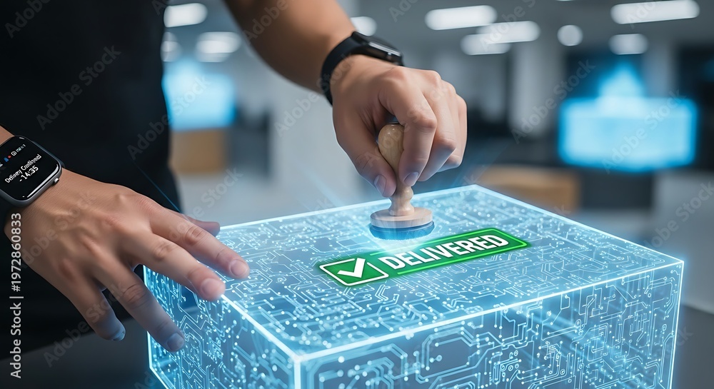 Naklejka premium Delivery confirmation concept. A logistics specialist's hands place a 'Delivered' stamp with a green checkmark on a holographic package.