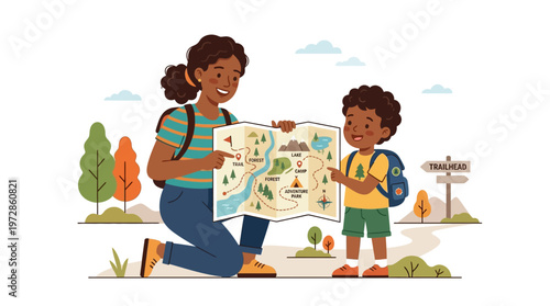 Mother and Son Hiking Adventure with Map at Trailhead Vector Illustration