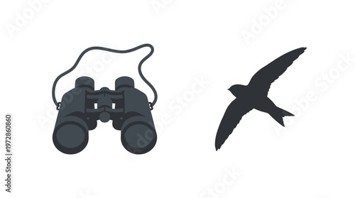 Bird Watching Concept with Binoculars and Flying Bird Silhouette Isolated on White