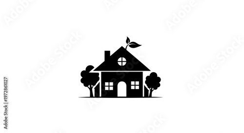 Sustainable Home Icon: A minimalist icon of a house, symbolizing sustainable living and eco-friendly practices, featuring a plant growing from its roof, promoting environmental consciousness.