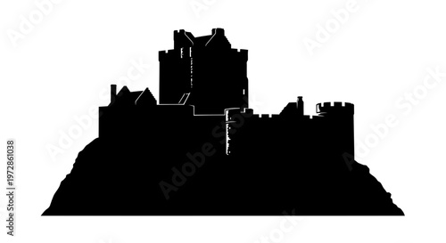 Ancient Fortress Silhouette: A striking silhouette of an ancient fortress, perched atop a rugged terrain, evoking a sense of history, mystery, and resilience. 