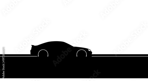 Silhouette Car on Road: A sleek silhouette of a modern car gracefully glides along a road, its dark form contrasted against a clean, uncluttered background, representing speed, and movement.