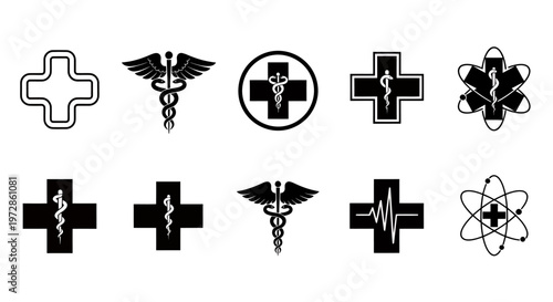 Collection of medical symbols and crosses featuring caduceus, Rod of Asclepius, and healthcare emblems.
