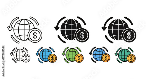 Global finance icons depicting monetary exchange and collaborative business concepts.