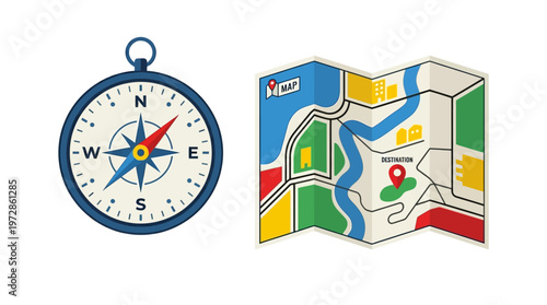 Compass and Folded Map Vector Illustration for Travel Navigation and Adventure Planning