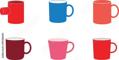 Set of colorful coffee mug illustrations in simple flat style, ceramic cups in different shapes and colors for tea, coffee, and beverage design projects