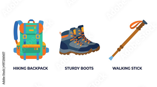 Essential Hiking Gear Set Vector Illustration: Backpack, Sturdy Boots, and Walking Stick Icons for Outdoor Adventure and Trekking