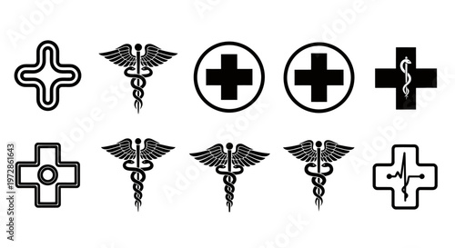 Collection of medical and healthcare icons featuring crosses and caduceus symbols.