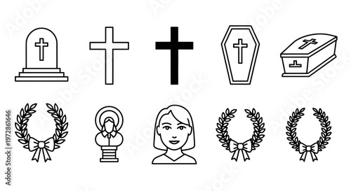 Collection of funeral symbols including crosses, gravestones, coffins, wreaths, and mourning icons.