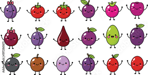 Set of cute fruit characters with smiling faces, colorful cartoon berries and tropical fruits for kids food design, healthy lifestyle illustration, and playful mascot collection