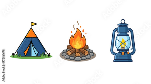 Camping and Outdoor Adventure Vector Icon Set featuring Blue Tent, Campfire, and Vintage Lantern