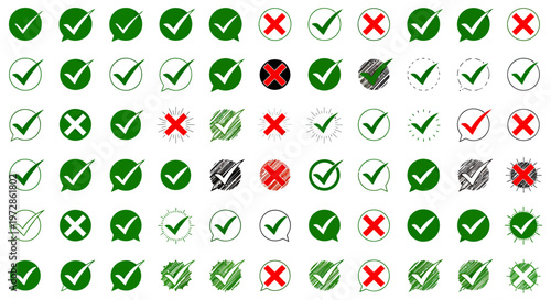 Grid of green checkmarks and red crosses on white background pattern.